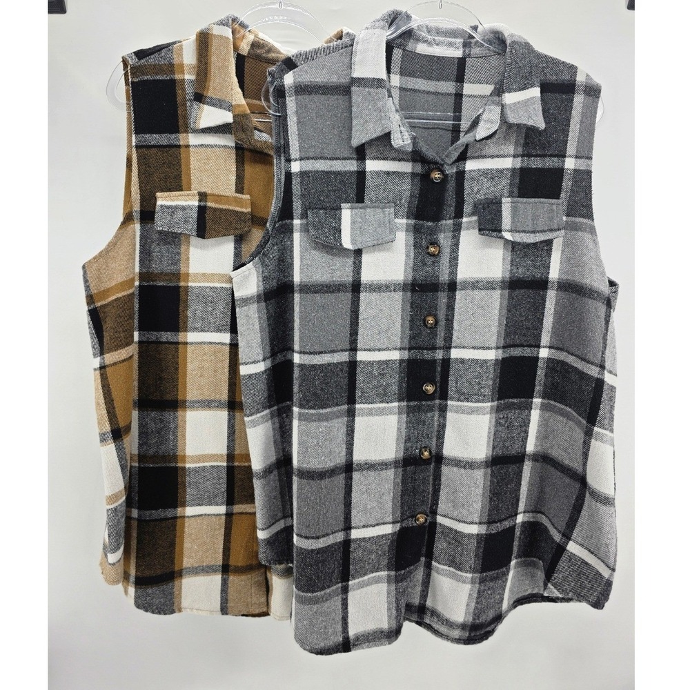 Women Sz 3X Plaid Vests Black & Brown Plaid Button Up Flannel Bundle Layering - Picture 1 of 8